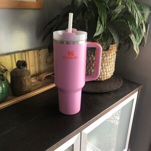 Stanley Pink Travel Mug with Orange Logo and Handle Accent